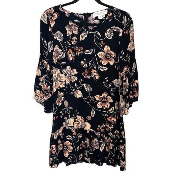 SaltwaterLUXE Black Hibiscus Bell Sleeve Ruffle Hem Mini Dress- Size Medium - Picture 2 of 11